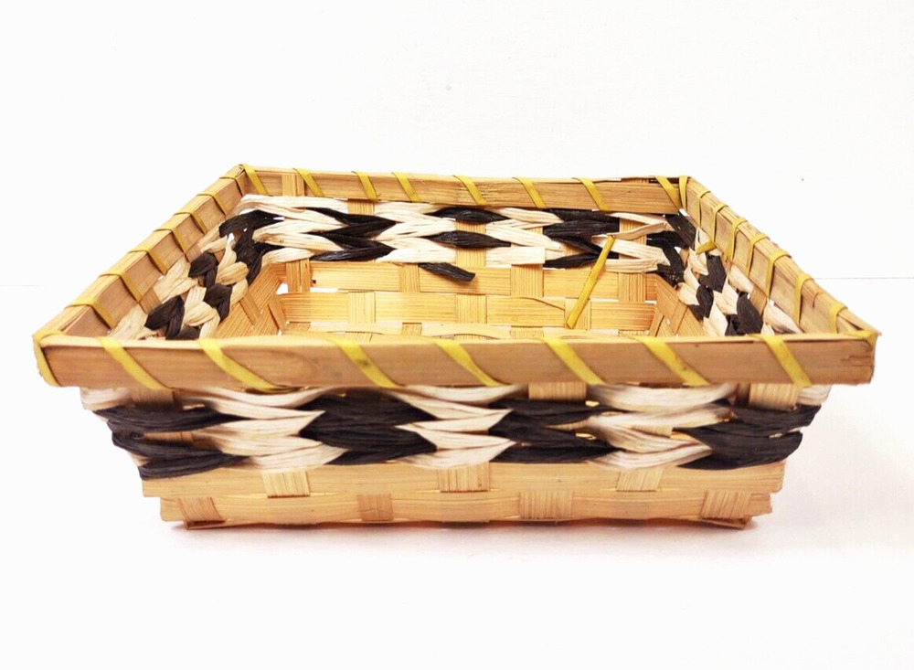 Small Square 2 Tone Woven Basket Brown and White Accents Decorative Trim 8.5"